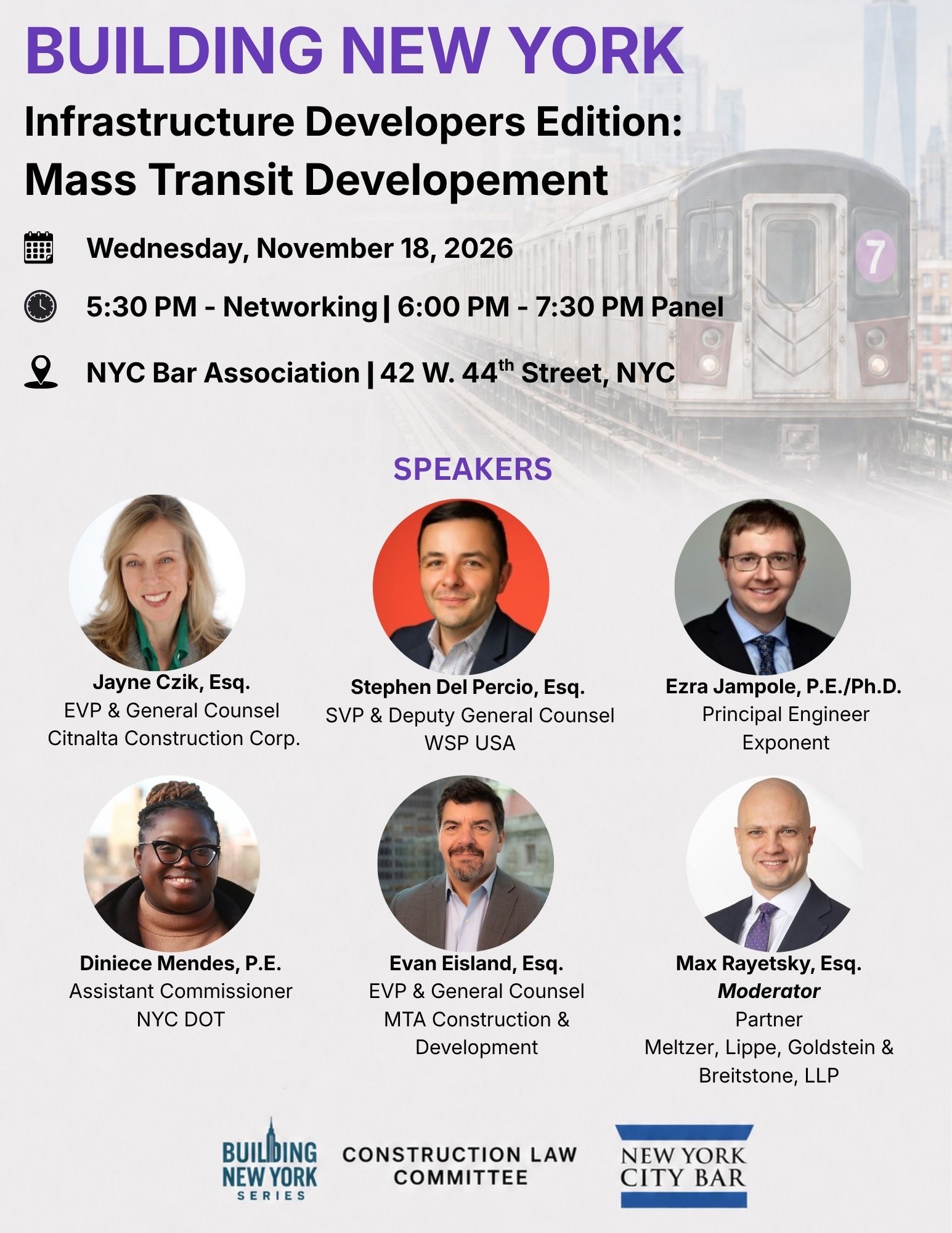 Building New York Series — Infrastructure Developers Edition: Mass Transit Development flyer with panelists and moderator Max Rayetsky